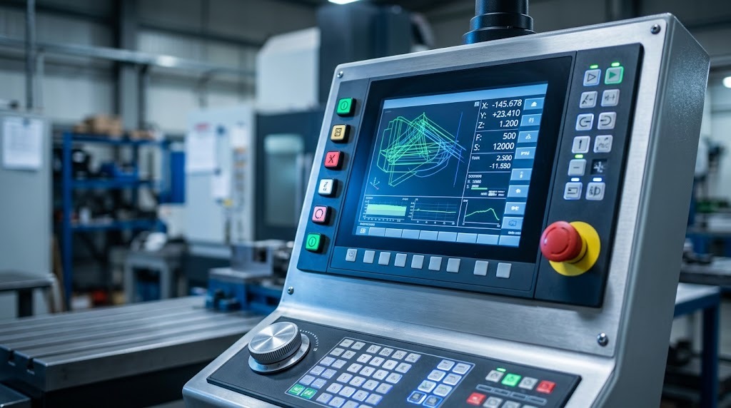 בקר CNC – מסך תעשייתי עם סימולציית מסלול כלי ונתוני צירים