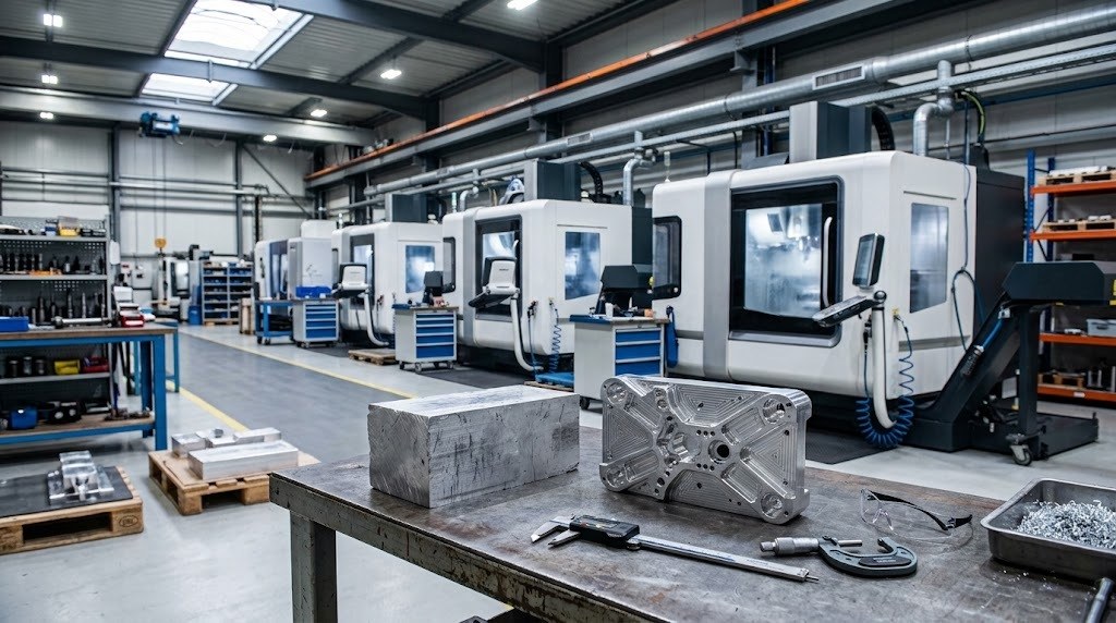 רצפת ייצור עם מרכזי עיבוד CNC וגוש אלומיניום לצד החלק המעובד המוכן