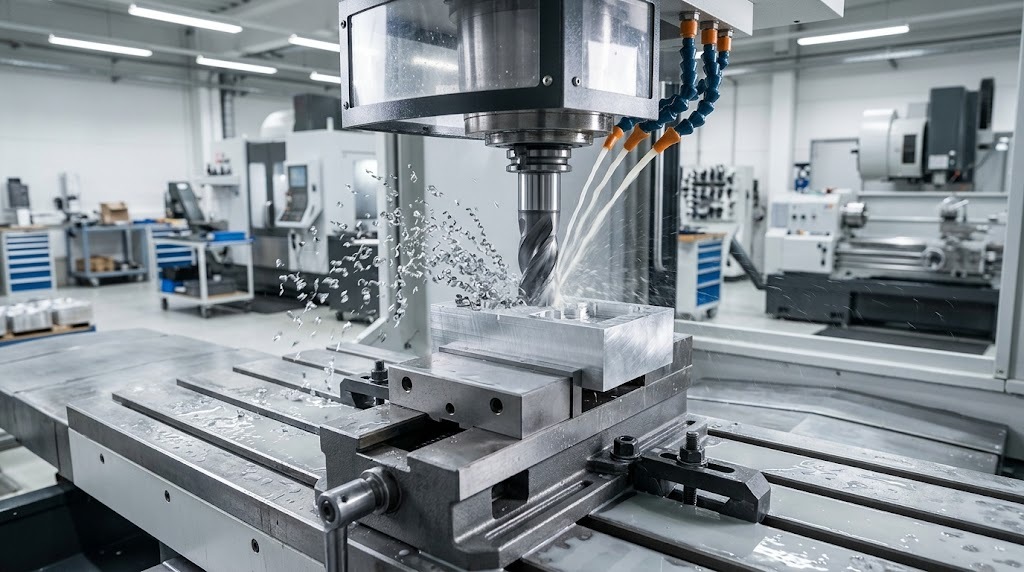 כרסום CNC של בלוק אלומיניום מקובע במלחציים על שולחן המכונה