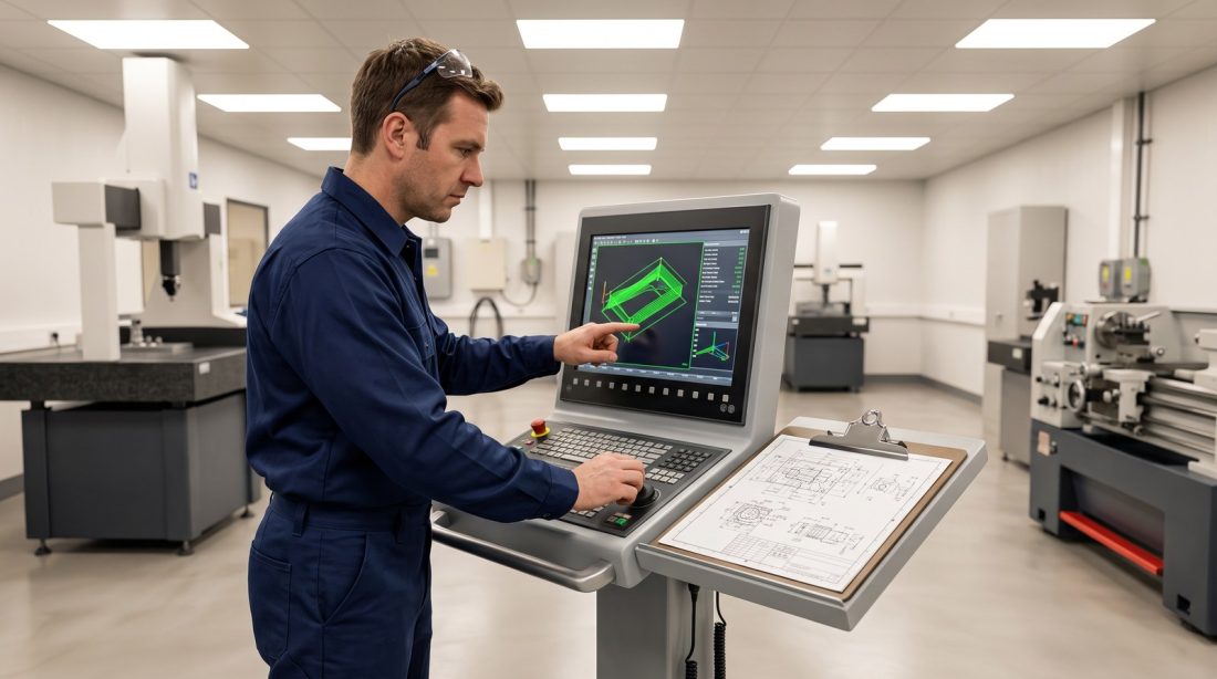 מפעיל CNC בודק סימולציית מסלול כלי על בקר המכונה לצד שרטוט הנדסי