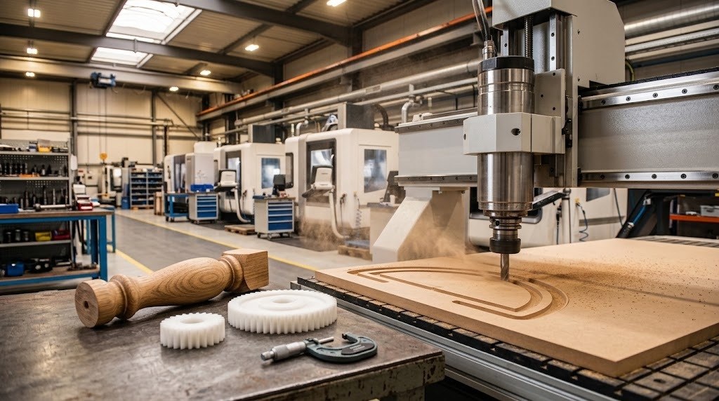 מכונת CNC לחיתוך עץ ו-MDF לצד רגלית עץ מחורטת וגלגלי שיניים מדלרין