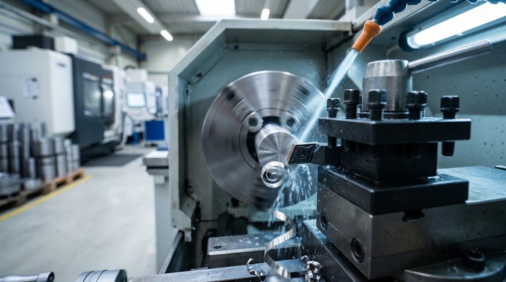 חריטת CNC – שבב ספירלה נפלט מכלי חיתוך קרביד בעיבוד מוט נירוסטה